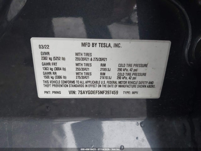 45618423 :رقم المزاد ، 7SAYGDEF5NF397459 vin ، 2022 Tesla Model Y Performance Dual Motor All-wheel Drive مزاد بيع