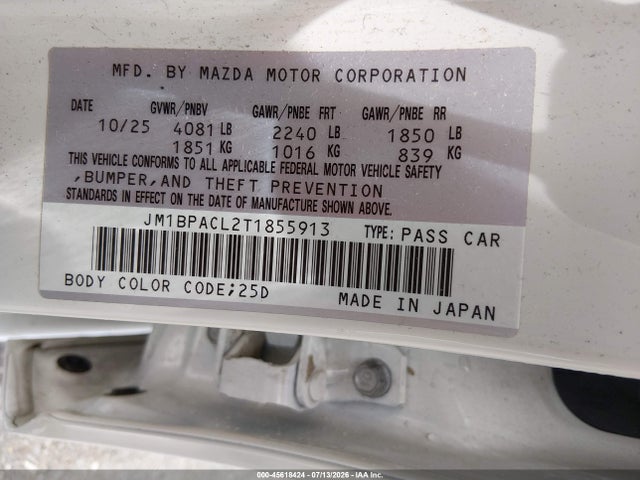 Aukcja sprzedaży 2026 Mazda Mazda3 2.5 S Preferred, vin: JM1BPACL2T1855913, numer aukcji: 45618424