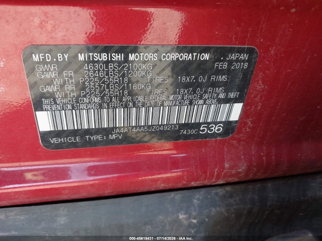 45618431 :رقم المزاد ، JA4AT4AA5JZ049213 vin ، 2018 Mitsubishi Eclipse Cross Le مزاد بيع