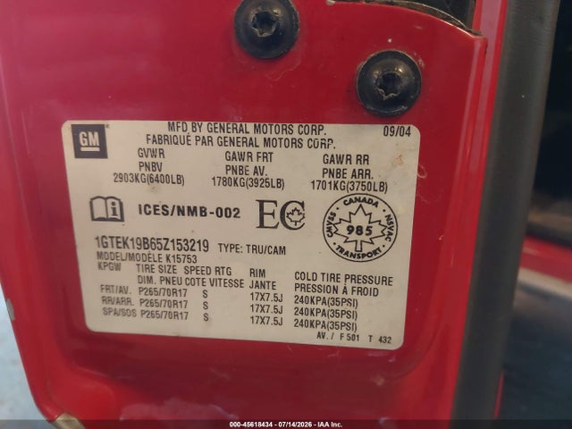 2005 Gmc Sierra 1500 Sle/slt/work Truck მანქანა იყიდება აუქციონზე, vin: 1GTEK19B65Z153219, აუქციონის ნომერი: 45618434