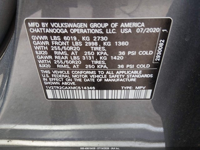 2021 Volkswagen Atlas 3.6l V6 Sel Premium მანქანა იყიდება აუქციონზე, vin: 1V2TR2CAXMC514346, აუქციონის ნომერი: 45618439