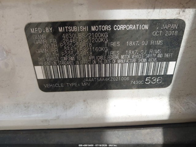 2019 Mitsubishi Eclipse Cross Sel მანქანა იყიდება აუქციონზე, vin: JA4AT5AA4KZ021006, აუქციონის ნომერი: 45618450
