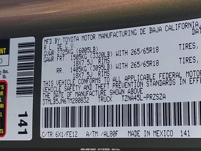 Продаж на аукціоні авто 2026 Toyota Tacoma Trd Sport, vin: 3TMLB5JN6TM280832, номер лоту: 45618452