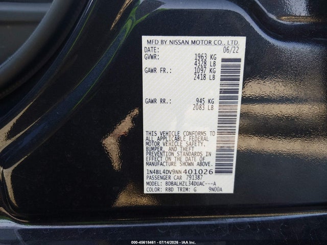 1N4BL4DV9NN401026 Nissan Altima Sv Fwd