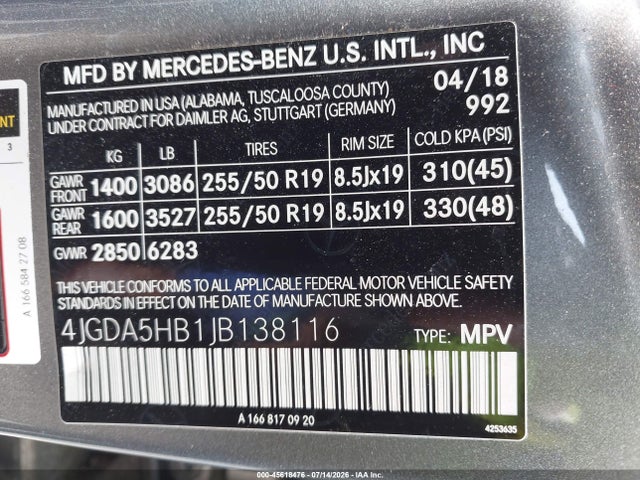 Продаж на аукціоні авто 2018 Mercedes-benz Gle 350 4matic, vin: 4JGDA5HB1JB138116, номер лоту: 45618476