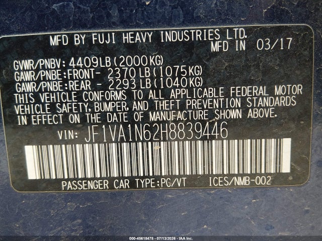 45618478 :رقم المزاد ، JF1VA1N62H8839446 vin ، 2017 Subaru Wrx Limited مزاد بيع