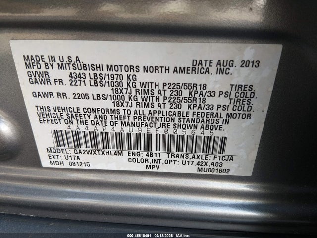 45618491 :رقم المزاد ، 4A4AP4AU9EE005645 vin ، 2014 Mitsubishi Outlander Sport Se مزاد بيع