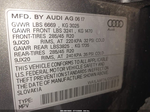 45618505 :رقم المزاد ، WA1LAAF74JD002570 vin ، 2018 Audi Q7 3.0t Premium مزاد بيع