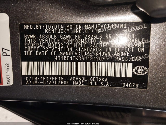 4T1BF1FK3GU191207 Toyota CAMRY SE
