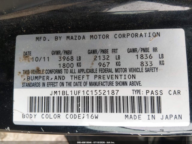 2012 Mazda Mazda3 I Sport მანქანა იყიდება აუქციონზე, vin: JM1BL1UF1C1552187, აუქციონის ნომერი: 45618546