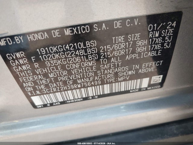 Продажа на аукционе авто 2024 Honda Hr-v Awd Lx, vin: 3CZRZ2H39RM756499, номер лота: 45618583