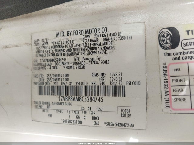 45618593 :رقم المزاد ، 1ZVBP8AM8C5284745 vin ، 2012 Ford Mustang V6 Premium مزاد بيع