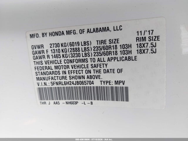 Honda ODYSSEY LX 2018 5FNRL6H24JB065704 Image 9