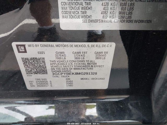 Aukcja sprzedaży 2021 Chevrolet Silverado 1500 4wd  Short Bed Custom, vin: 3GCPYBEK8MG291328, numer aukcji: 45618607