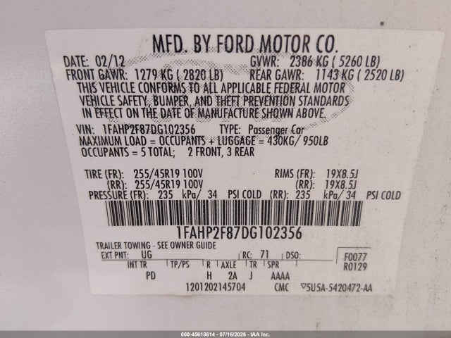 45618614 :رقم المزاد ، 1FAHP2F87DG102356 vin ، 2013 Ford Taurus Limited مزاد بيع