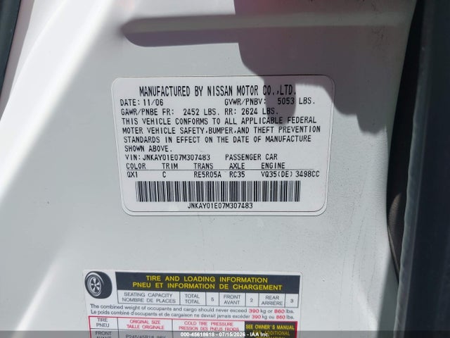 45618618 :رقم المزاد ، JNKAY01E07M307483 vin ، 2007 Infiniti M35 مزاد بيع