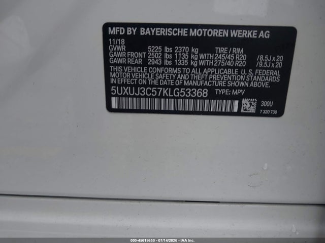 45618650 :رقم المزاد ، 5UXUJ3C57KLG53368 vin ، 2019 Bmw X4 Xdrive30i مزاد بيع