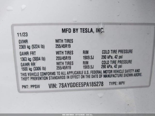 Aukcja sprzedaży 2023 Tesla Model Y Awd/long Range Dual Motor All-wheel Drive, vin: 7SAYGDEE5PA185278, numer aukcji: 45618654