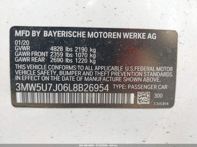 Aukcja sprzedaży 2020 Bmw M340i, vin: 3MW5U7J06L8B26954, numer aukcji: 45618658