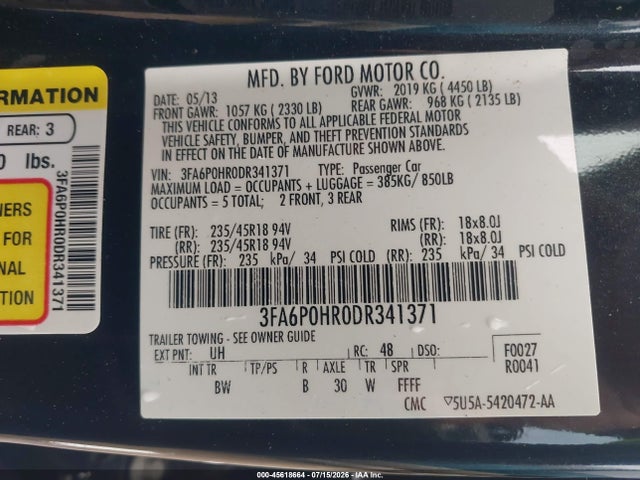 45618664 :رقم المزاد ، 3FA6P0HR0DR341371 vin ، 2013 Ford Fusion Se مزاد بيع