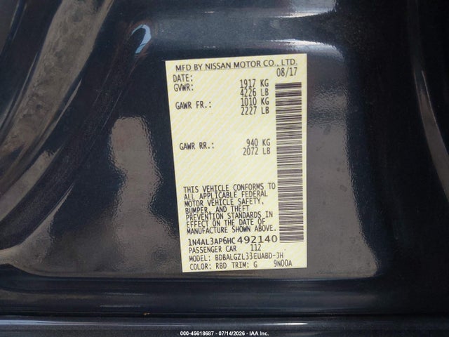 Aukcja sprzedaży 2017 Nissan Altima 2.5 S, vin: 1N4AL3AP6HC492140, numer aukcji: 45618687