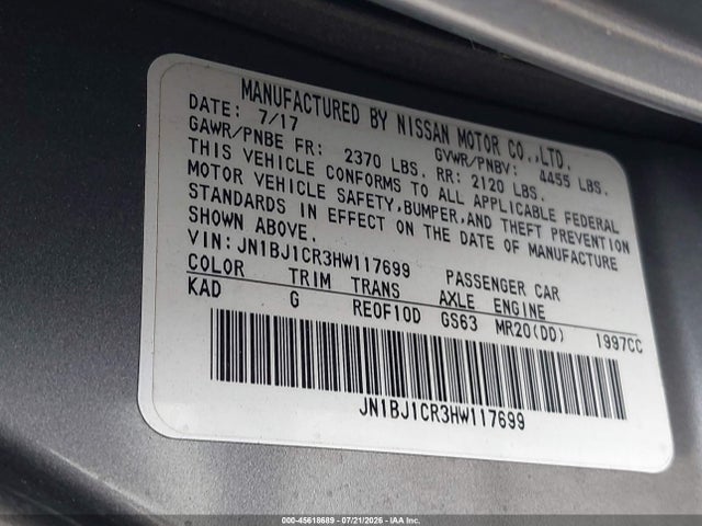 2017 Nissan Rogue Sport Sv მანქანა იყიდება აუქციონზე, vin: JN1BJ1CR3HW117699, აუქციონის ნომერი: 45618689