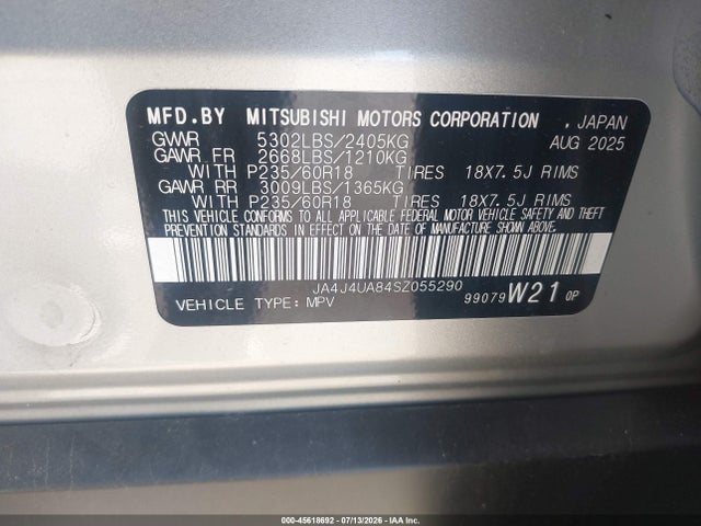 45618692 :رقم المزاد ، JA4J4UA84SZ055290 vin ، 2025 Mitsubishi Outlander Es 2.5 S-awc مزاد بيع