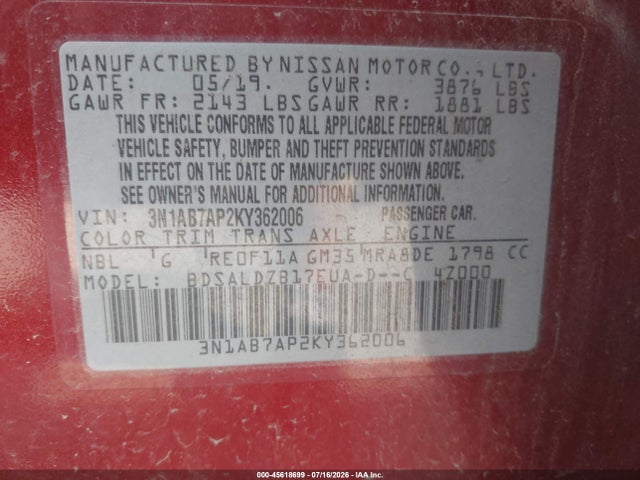 Nissan SENTRA SV 2019 3N1AB7AP2KY362006 Image 9