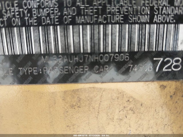 2022 Mitsubishi Mirage Es/le მანქანა იყიდება აუქციონზე, vin: ML32AUHJ7NH007906, აუქციონის ნომერი: 45618719