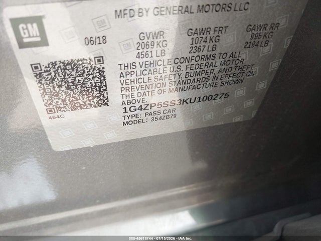 45618744 :رقم المزاد ، 1G4ZP5SS3KU100275 vin ، 2019 Buick Lacrosse Fwd Essence مزاد بيع