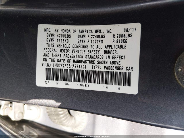 Honda ACCORD LX 2017 1HGCR2F35HA271904 Image 9