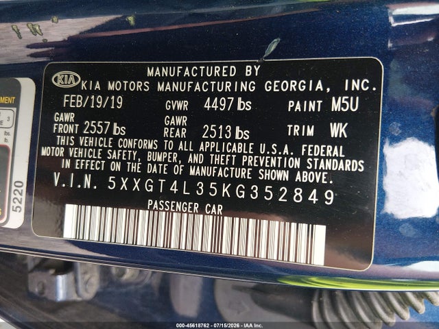 2019 Kia Optima Lx მანქანა იყიდება აუქციონზე, vin: 5XXGT4L35KG352849, აუქციონის ნომერი: 45618762