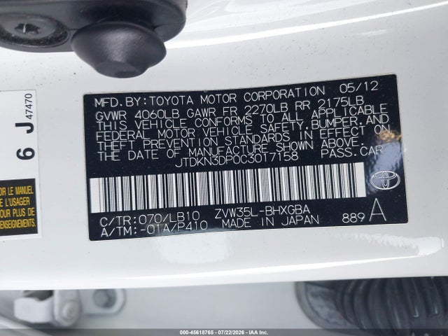 45618765 :رقم المزاد ، JTDKN3DP0C3017158 vin ، 2012 Toyota Prius Plug-in Advanced مزاد بيع