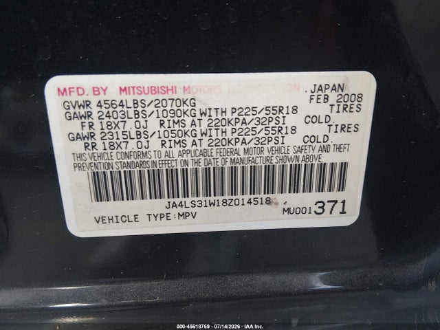 Aukcja sprzedaży 2008 Mitsubishi Outlander Se, vin: JA4LS31W18Z014518, numer aukcji: 45618769