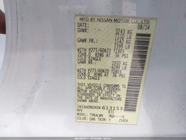 Продаж на аукціоні авто 2014 Nissan Armada Platinum, vin: 5N1BA0NDXEN613153, номер лоту: 45618771
