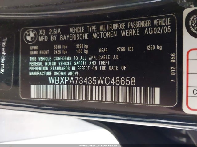 45618783 :رقم المزاد ، WBXPA73435WC48658 vin ، 2005 Bmw X3 2.5i مزاد بيع