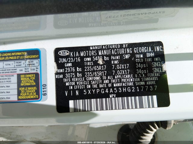 5XYPG4A53HG217737 KIA Sorento 3.3l Lx