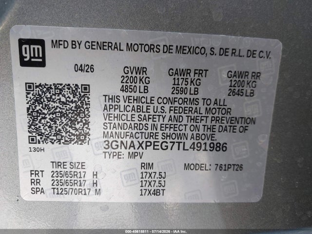 3GNAXPEG7TL491986 Chevrolet Equinox Awd Lt