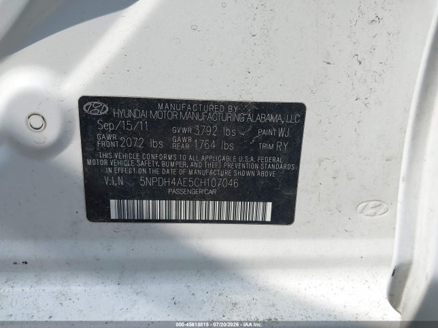 Продаж на аукціоні авто 2012 Hyundai Elantra Limited, vin: 5NPDH4AE5CH107046, номер лоту: 45618815