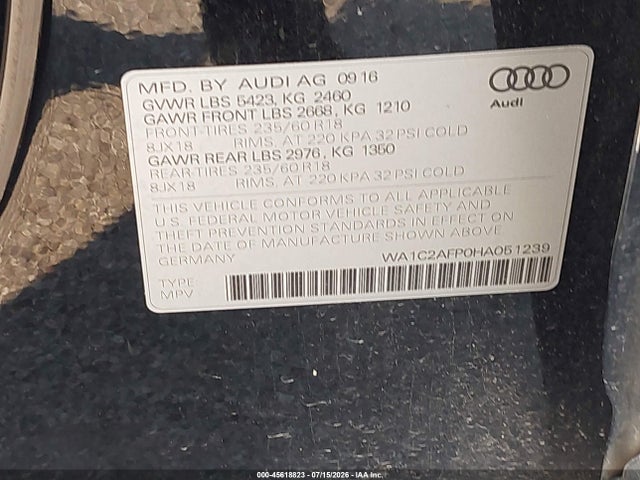 45618823 :رقم المزاد ، WA1C2AFP0HA051239 vin ، 2017 Audi Q5 2.0t Premium مزاد بيع