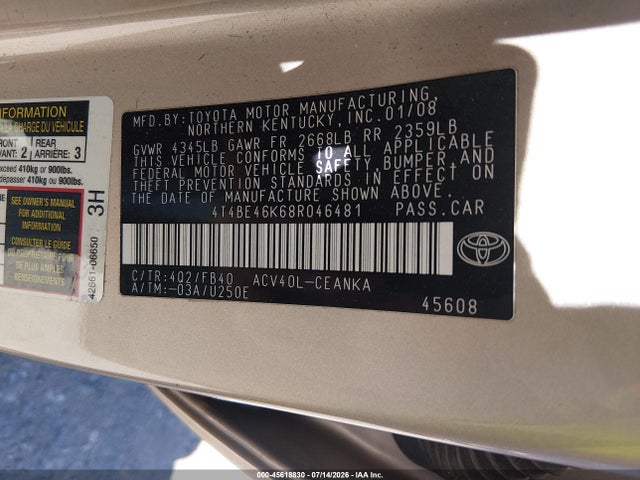 45618830 :رقم المزاد ، 4T4BE46K68R046481 vin ، 2008 Toyota Camry Le مزاد بيع