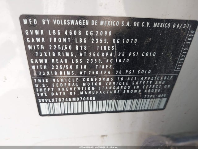 Продаж на аукціоні авто 2022 Volkswagen Taos 1.5t Se, vin: 3VVLX7B24NM070686, номер лоту: 45618831