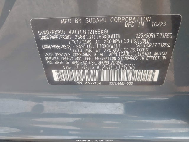 45618838 :رقم المزاد ، JF2GUADC2R8307666 vin ، 2024 Subaru Crosstrek Premium مزاد بيع