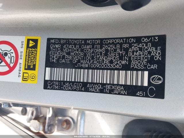 Aukcja sprzedaży 2013 Lexus Es 300h, vin: JTHBW1GG9D2033040, numer aukcji: 45618850