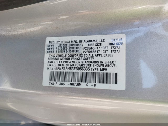 2015 Honda Odyssey Ex-l მანქანა იყიდება აუქციონზე, vin: 5FNRL5H63FB056335, აუქციონის ნომერი: 45618869