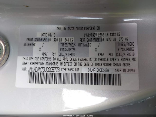 45618871 :رقم المزاد ، JM1NDAM73J0205773 vin ، 2018 Mazda Mx-5 Miata Rf Grand Touring مزاد بيع