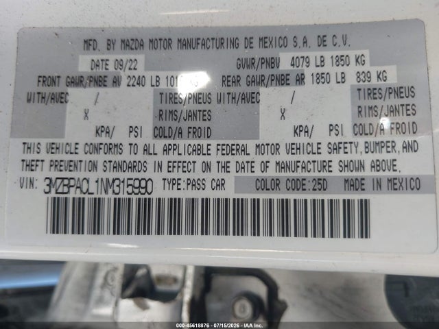 Mazda Mazda3 Preferred 2022 3MZBPACL1NM315990 Image 9