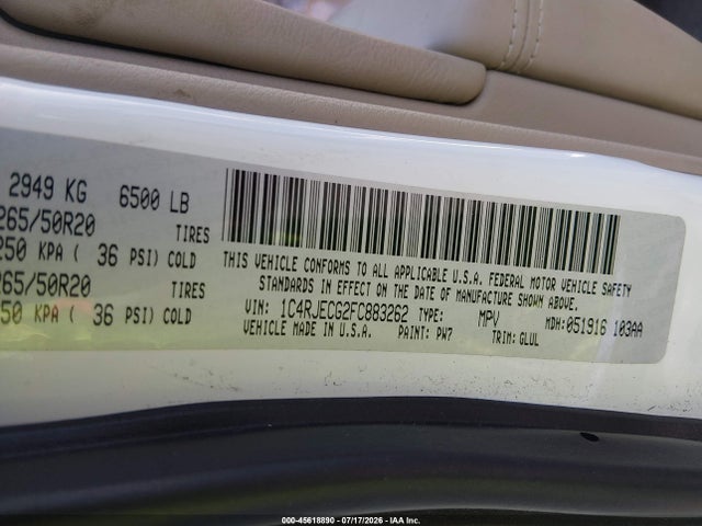 Aukcja sprzedaży 2015 Jeep Grand Cherokee Overland, vin: 1C4RJECG2FC883262, numer aukcji: 45618890