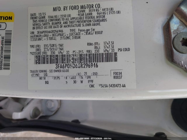 Aukcja sprzedaży 2016 Ford Fusion Se, vin: 3FA6P0HD6GR296946, numer aukcji: 45618895