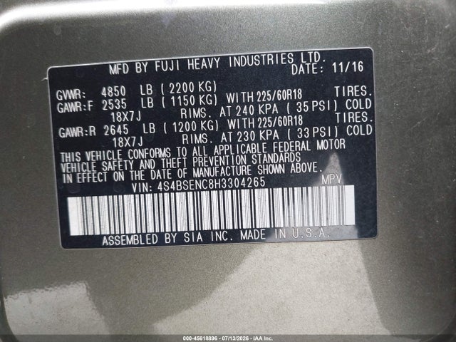 4S4BSENC8H3304265 Subaru Outback 3.6r Limited